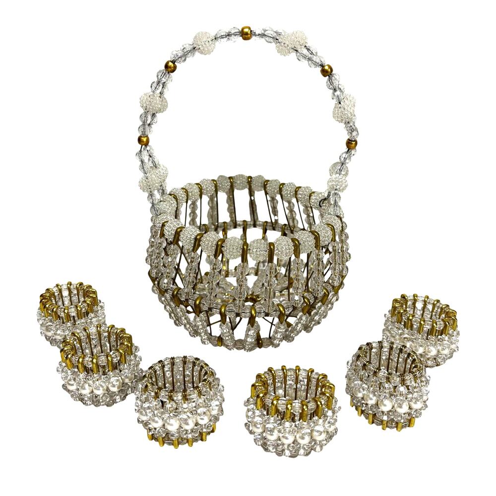 Vintage Safety Pin art basket holder & napkin rings clear crystal & gold beads